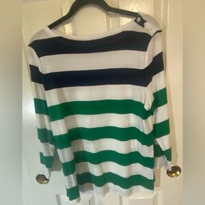 Charter Club 3/4 Length Top. Navy and Green Striped